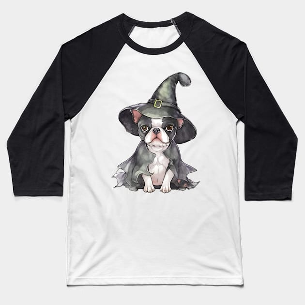 Watercolor Boston Terrier Dog in Witch Hat Baseball T-Shirt by Chromatic Fusion Studio